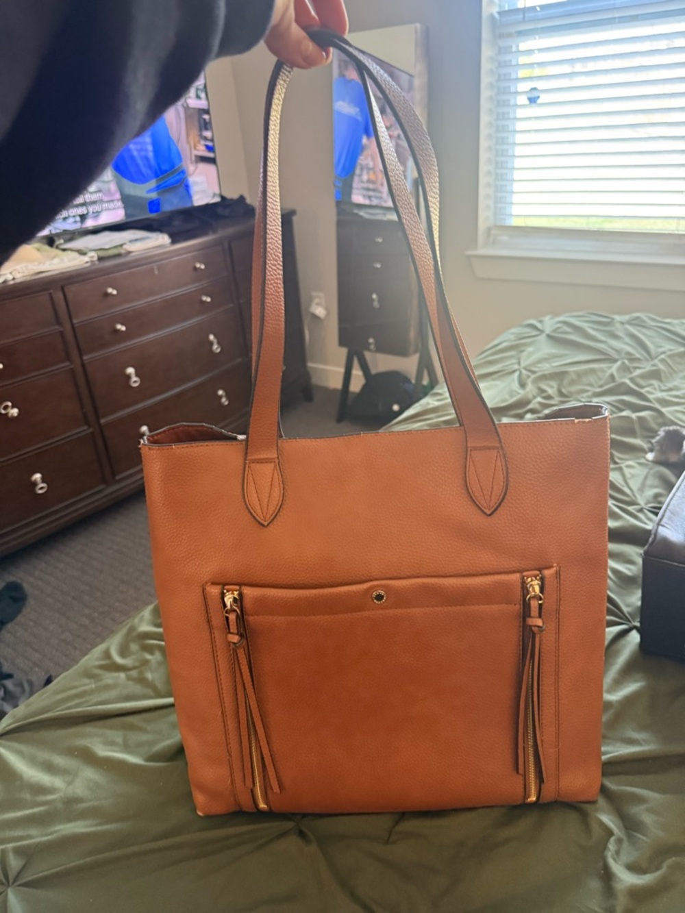 Steve Madden Tan Leather Tote with Front Pocket and Tassels